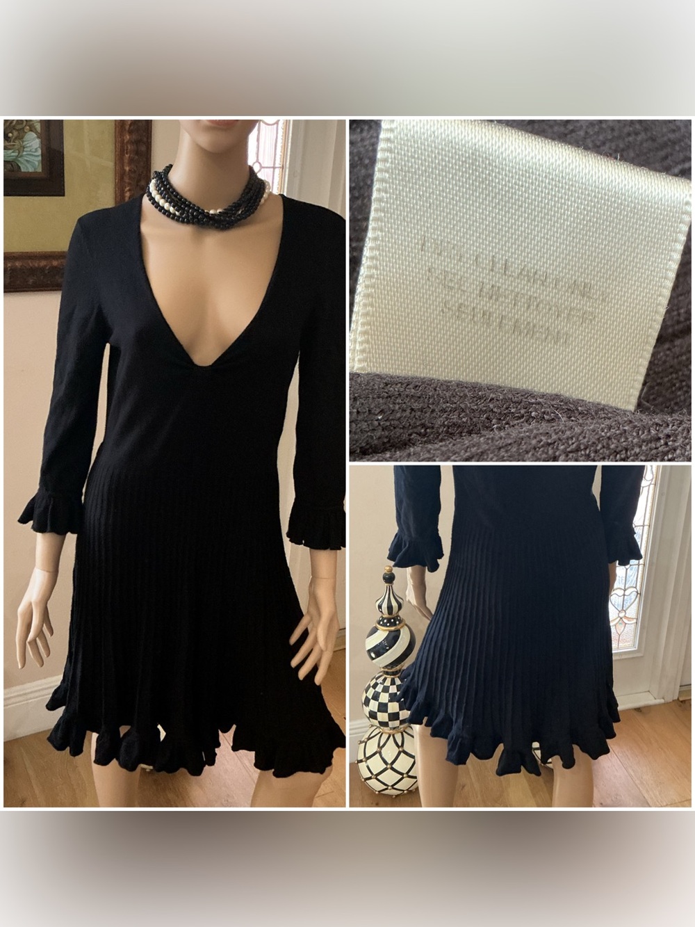 Rebecca Taylor Black V Ruffle-Hem Sweater Dress - Picture 4 of 4